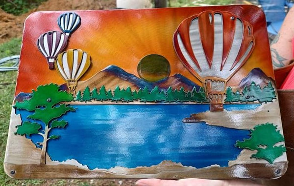 Layered Hot Air Balloon Over Lake Scene Metal Wall Art