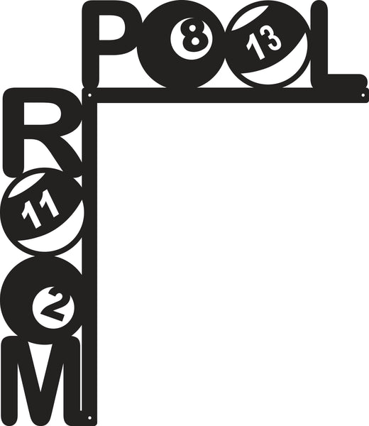 Pool Room Metal Sign – Billiards Wall Decor – Corner Frame 12"x14" or Single Line 24"x4"