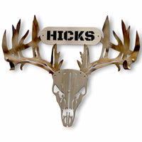 Personalized Metal Deer Skull Bow/Gun Rack with Custom Name Plate - Layered extra large rack