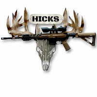 Personalized Metal Deer Skull Bow/Gun Rack with Custom Name Plate - Layered extra large rack