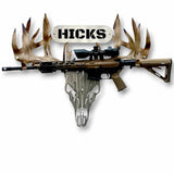 Personalized Metal Deer Skull Bow/Gun Rack with Custom Name Plate - Layered extra large rack