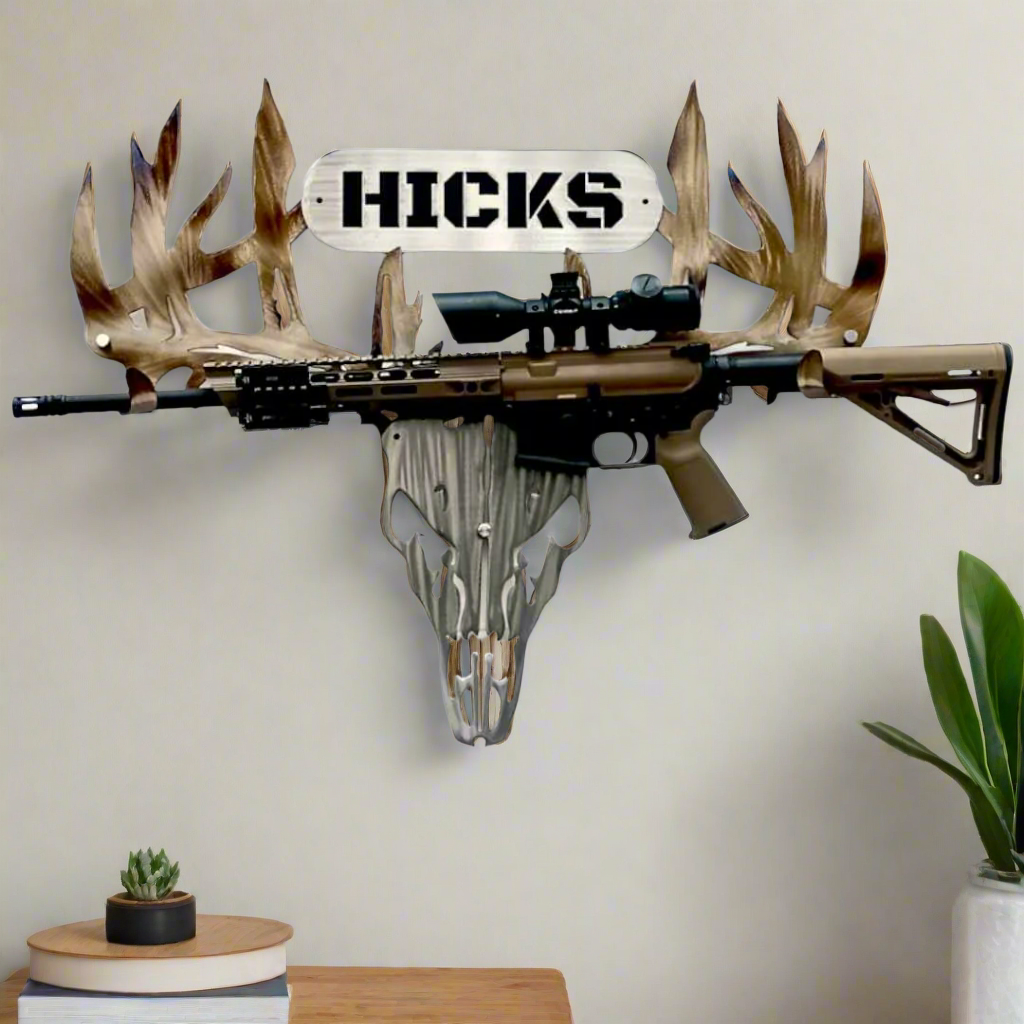 Personalized Metal Deer Skull Bow/Gun Rack with Custom Name Plate - Handmade in US - Holds Compound Bow, Long Bow, Archery, Gun or Cross Bow