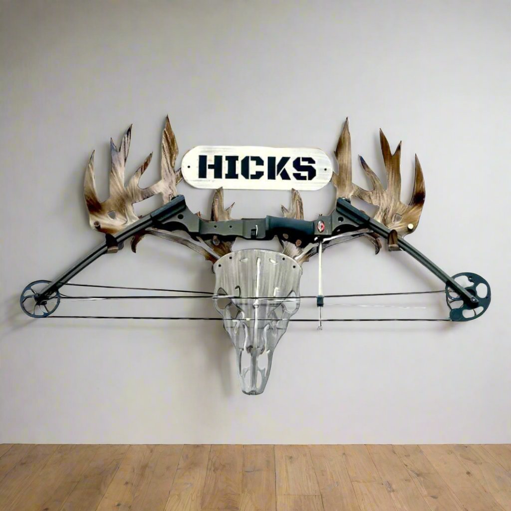 Personalized Metal Deer Skull Bow/Gun Rack with Custom Name Plate - Handmade in US - Holds Compound Bow, Long Bow, Archery, Gun or Cross Bow