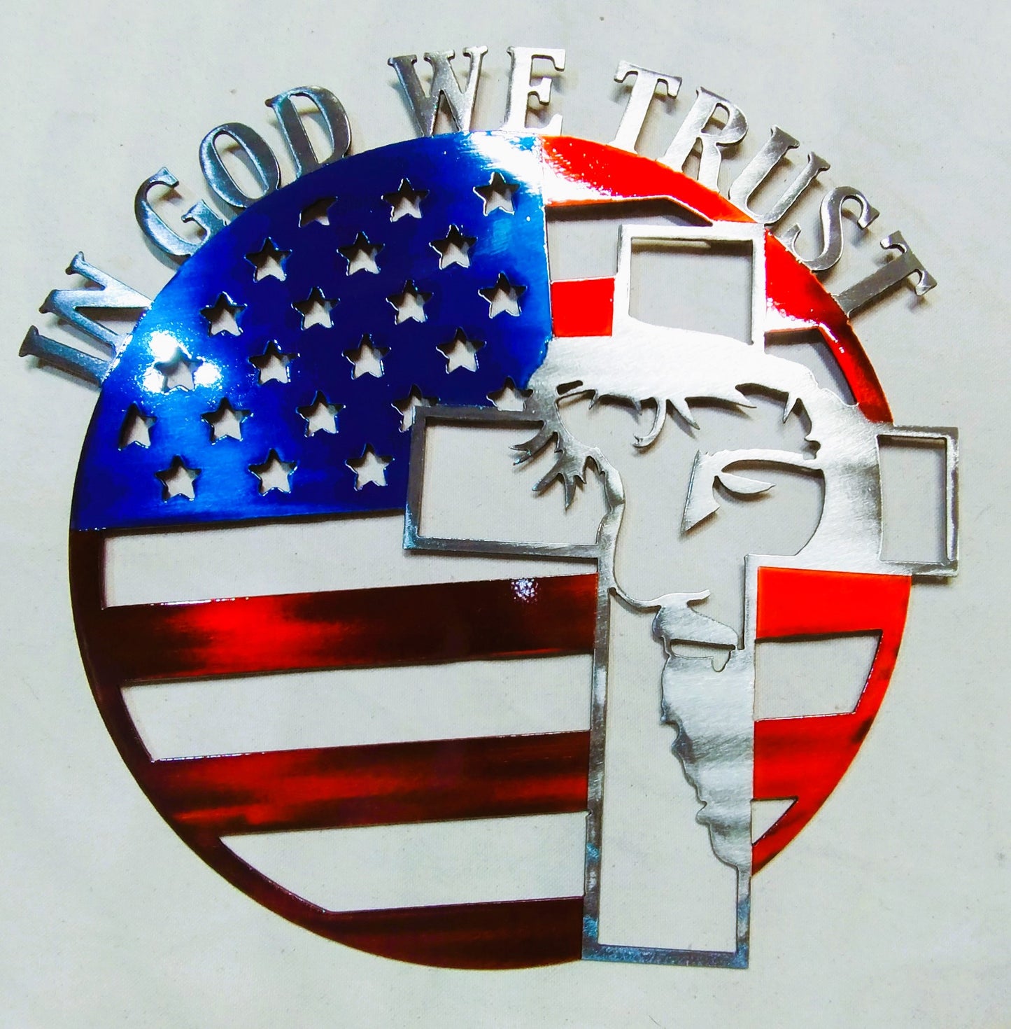 "In God We Trust" American Flag & Cross Metal Wall Art