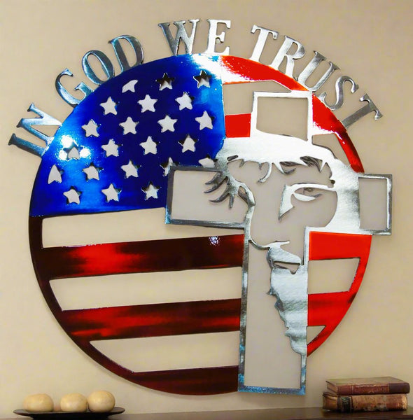 In God We Trust - American Flag & Cross Metal Wall Art