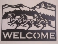 Horses Running In Mountains Metal Welcome Sign