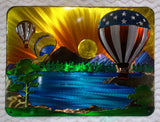 Layered Patriotic Hot Air Balloon & Sunset Lake Scene Metal Wall Art