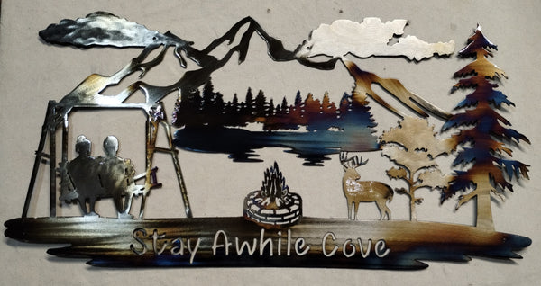 Custom Mountain Retreat Sign – “Stay Awhile Cove” Scene