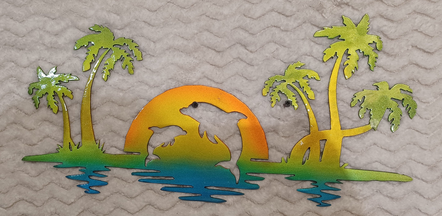 Dolphins Jumping at Sunset OR in Moonlight metal wall art