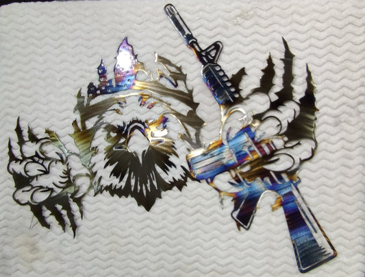 Eagle Breaking Through American Flag with AR metal wall art