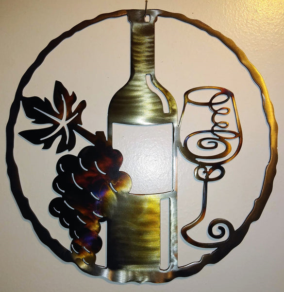 Wine Bottle, Glass & Grapes Metal Wall Art